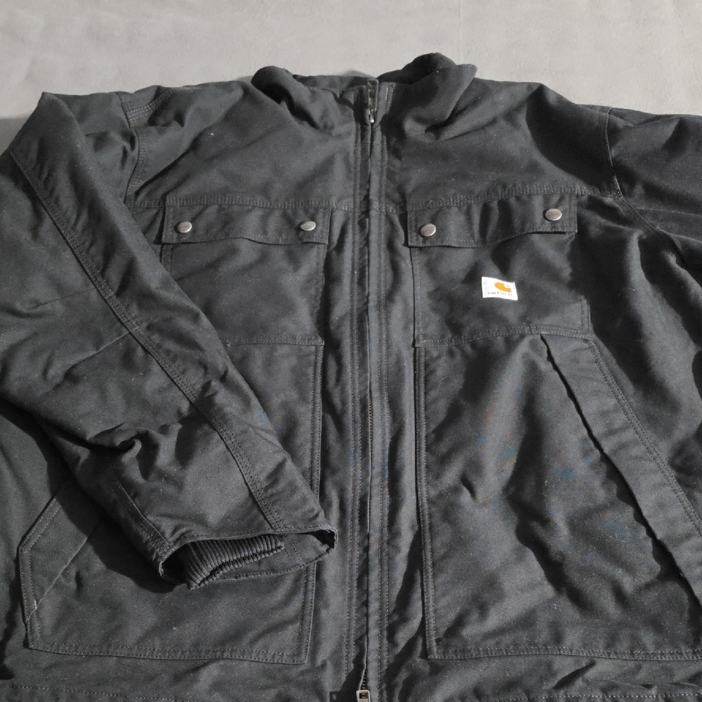 Carhartt Black Hooded Work Coat with Logo Patch
